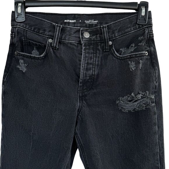 Old Navy SZ 2 Slouchy Straight Jeans Hi-Rise Button-Fly Distressed Black Wash - Picture 2 of 9